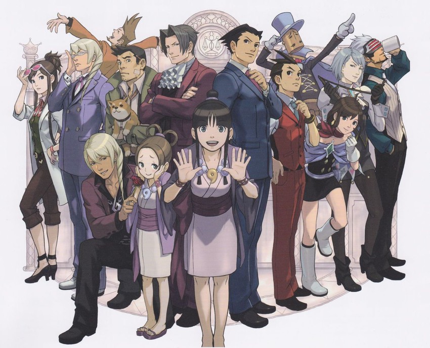 phoenix wright, miles edgeworth, maya fey, apollo justice, franziska von karma, and 9 more (ace attorney and 2 more) drawn by nuri_kazuya
