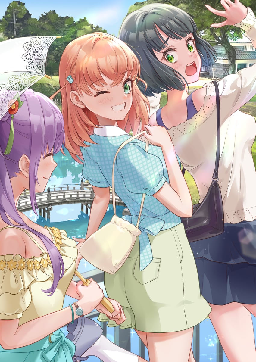 hinoshita kaho, otomune kozue, and momose ginko (love live! and 1 more) drawn by kobassy