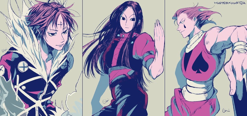 hisoka morow, chrollo lucilfer, and illumi zoldyck (hunter x hunter) drawn by yunion_(sibujya)