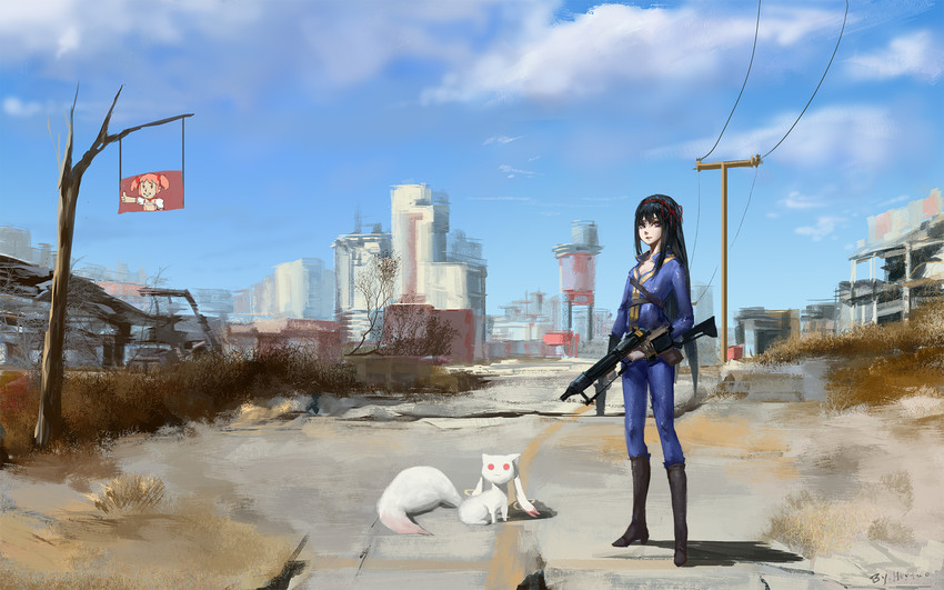 akemi homura, kaname madoka, and kyubey (mahou shoujo madoka magica and 2 more) drawn by blackrabbitsoul