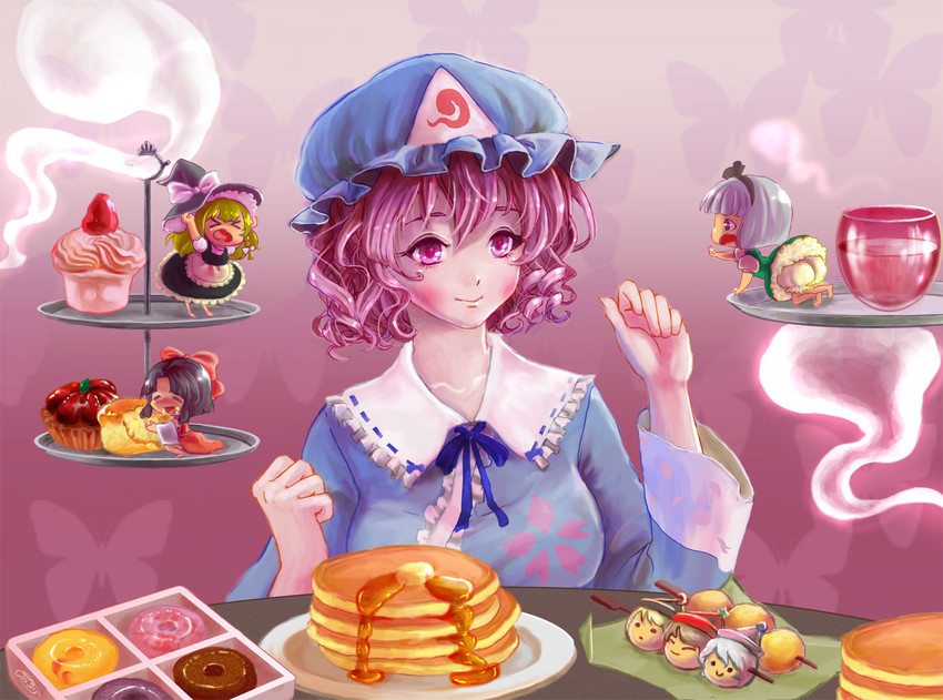 hakurei reimu, kirisame marisa, konpaku youmu, saigyouji yuyuko, lunasa prismriver, and 2 more (touhou) drawn by nenne