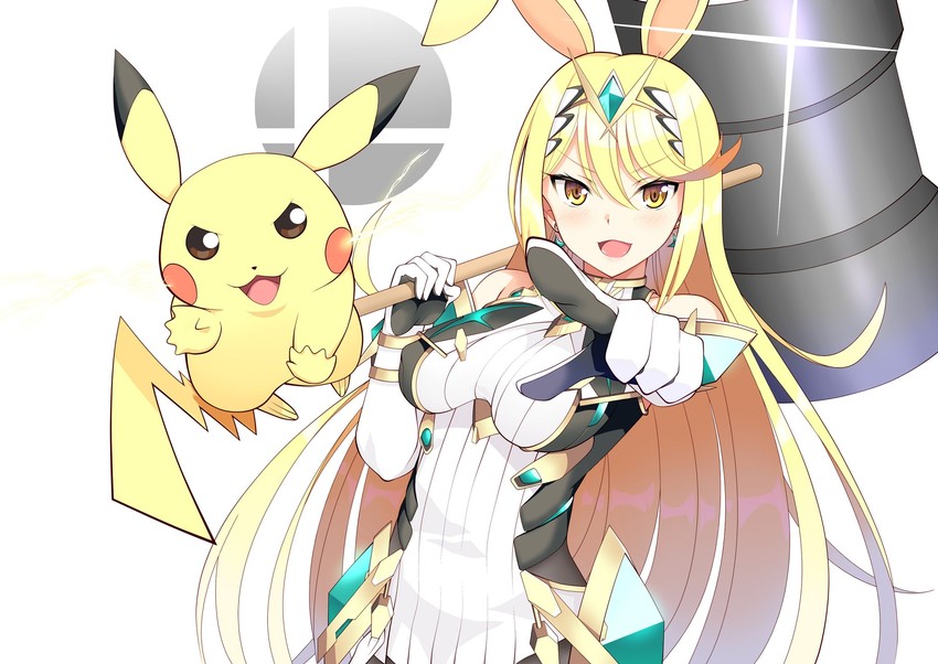 pikachu and mythra (pokemon and 3 more) drawn by daive