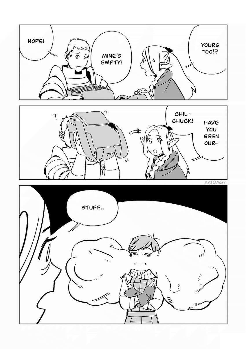 marcille donato, laios touden, and chilchuck tims (dungeon meshi) drawn by aatom87