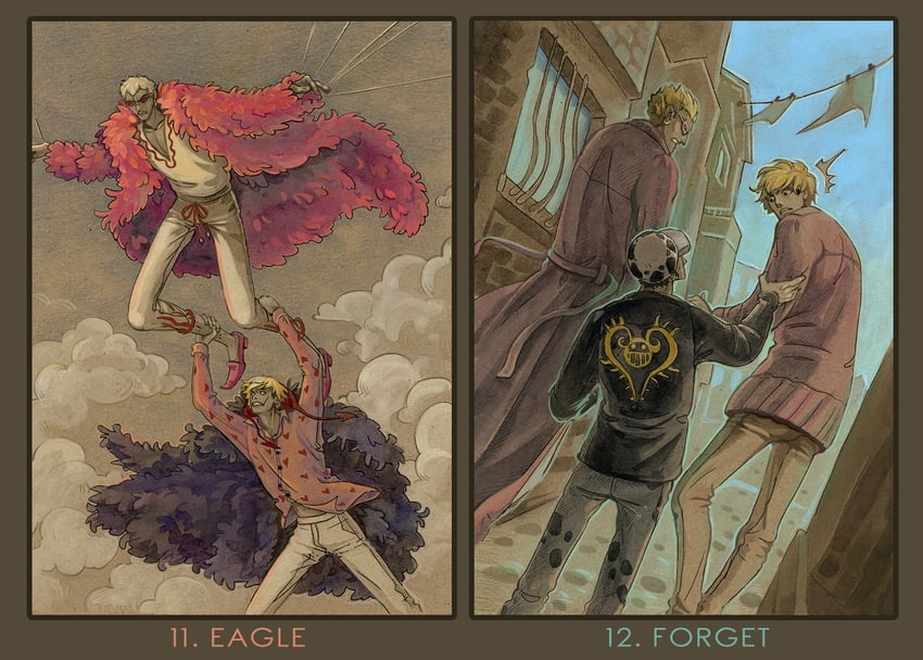 trafalgar law, donquixote doflamingo, and donquixote rocinante (one piece) drawn by li-louie