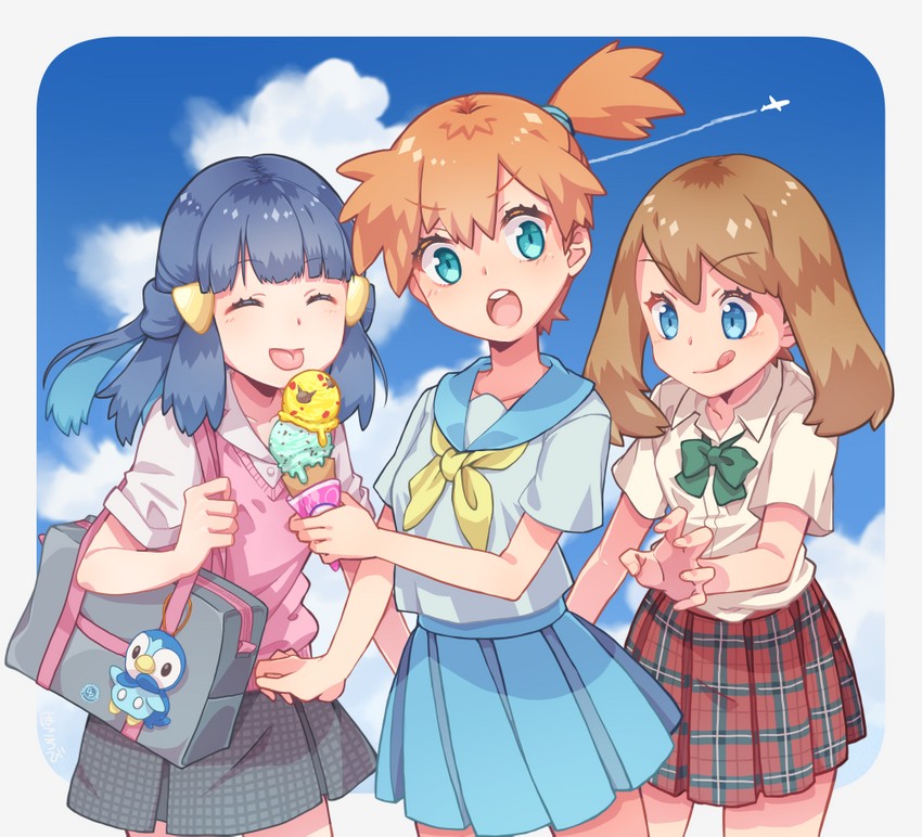 dawn, may, misty, and piplup (pokemon and 2 more) drawn by s_(happycolor_329)