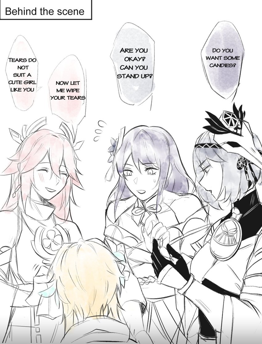 lumine, raiden shogun, yae miko, and kujou sara (genshin impact) drawn by y0ru5an