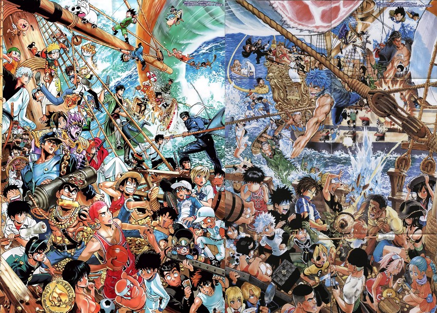kujo jotaro, son goku, monkey d. luffy, nico robin, roronoa zoro, and 84 more (jojo no kimyou na bouken and 54 more) drawn by murata_yuusuke