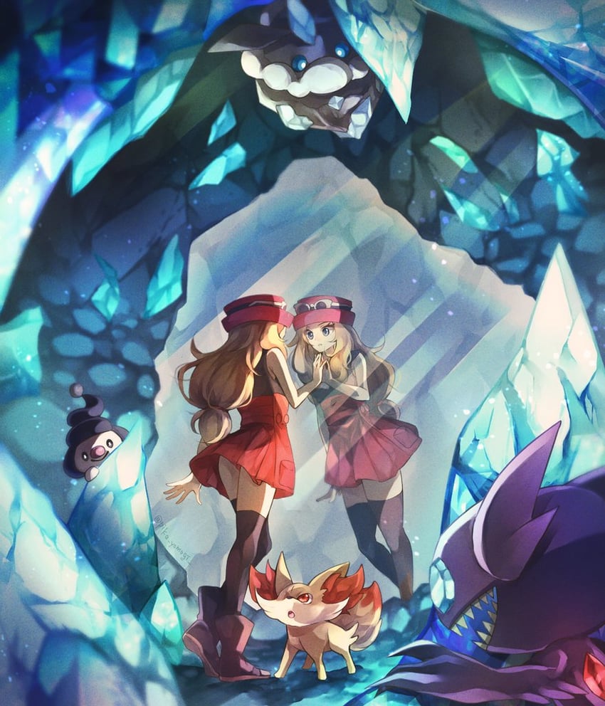 serena, fennekin, sableye, mime jr., and carbink (pokemon and 1 more) drawn by yomogi_(black-elf)