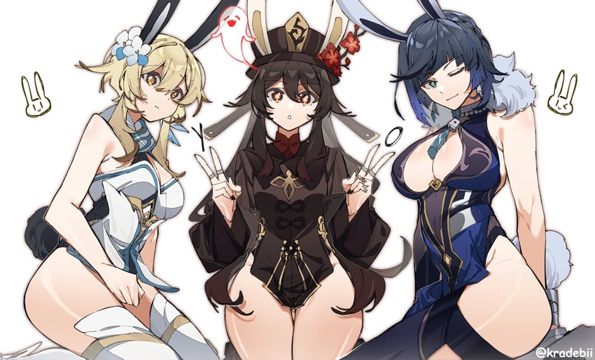 lumine, hu tao, boo tao, and yelan (genshin impact) drawn by kradebii