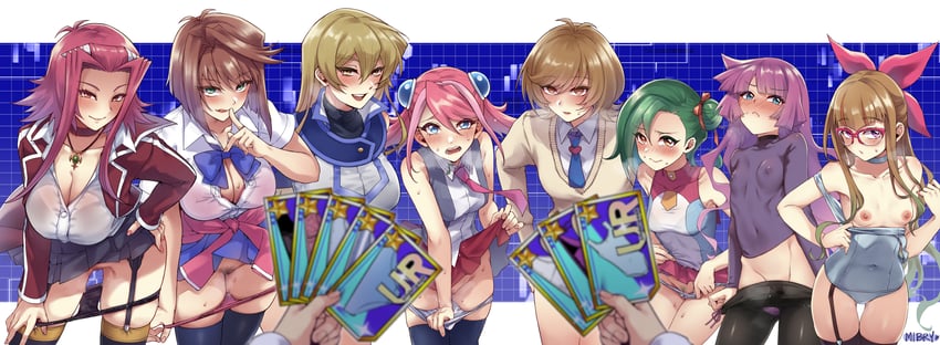 tenjouin asuka, izayoi aki, hiiragi yuzu, mazaki anzu, zaizen aoi, and 3 more (yu-gi-oh! and 8 more) drawn by mibry_(phrysm)