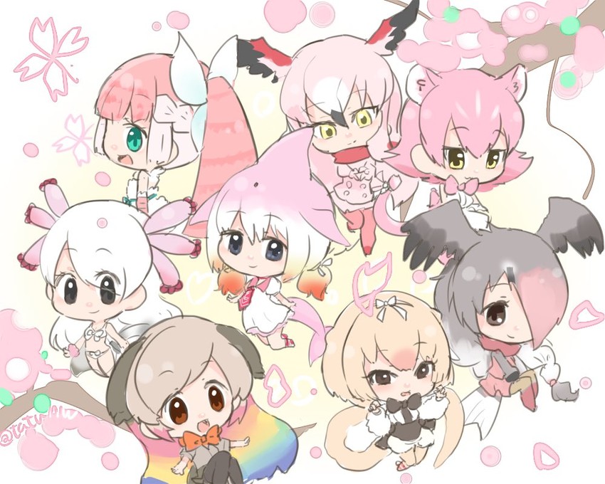 silky anteater, peach panther, chinese white dolphin, mexico salamander, greater flamingo, and 3 more (kemono friends) drawn by tatsuno_newo