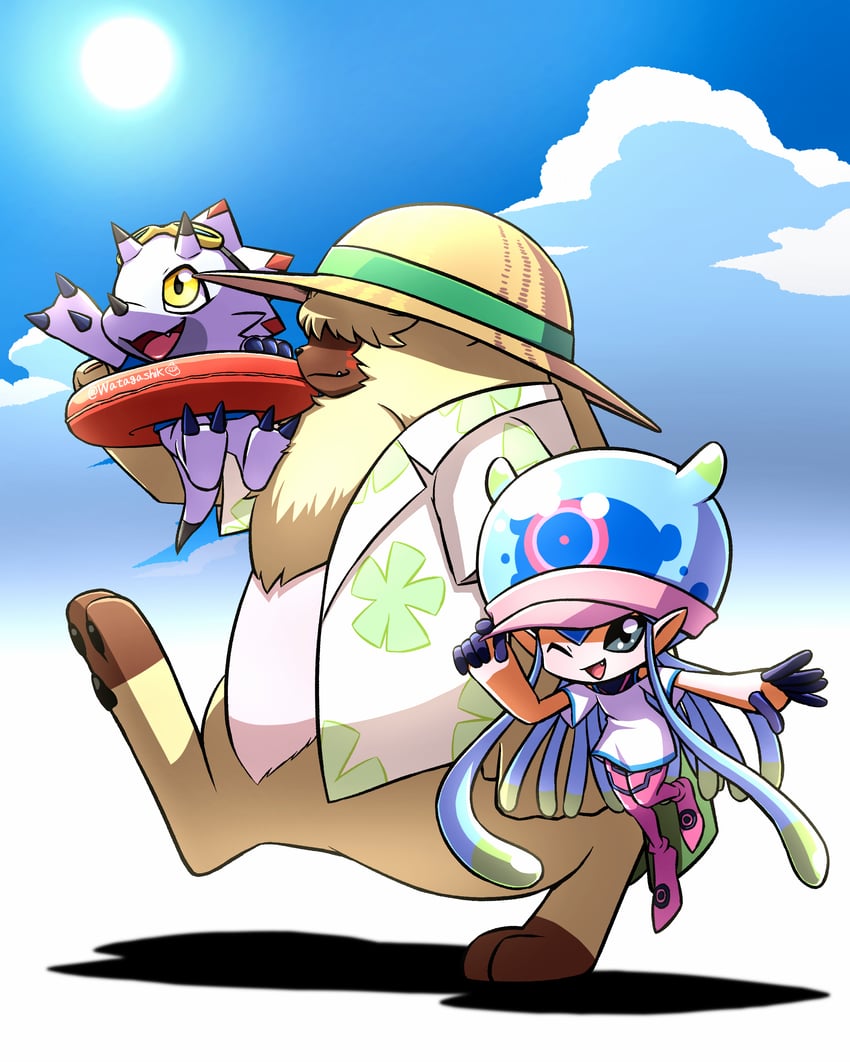 jellymon, gammamon, and angoramon (digimon and 1 more) drawn by watagashikn