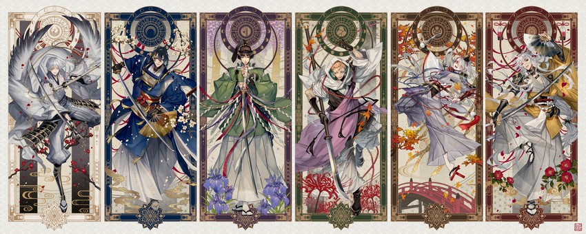 mikazuki munechika, tsurumaru kuninaga, kogitsunemaru, ima-no-tsurugi, iwatooshi, and 1 more (touken ranbu) drawn by yamatsuki_sou