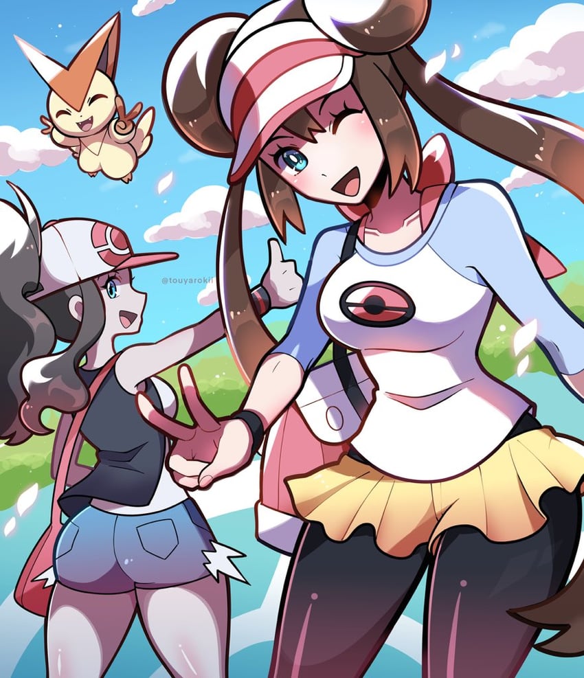 rosa, hilda, and victini (pokemon and 2 more) drawn by touyarokii