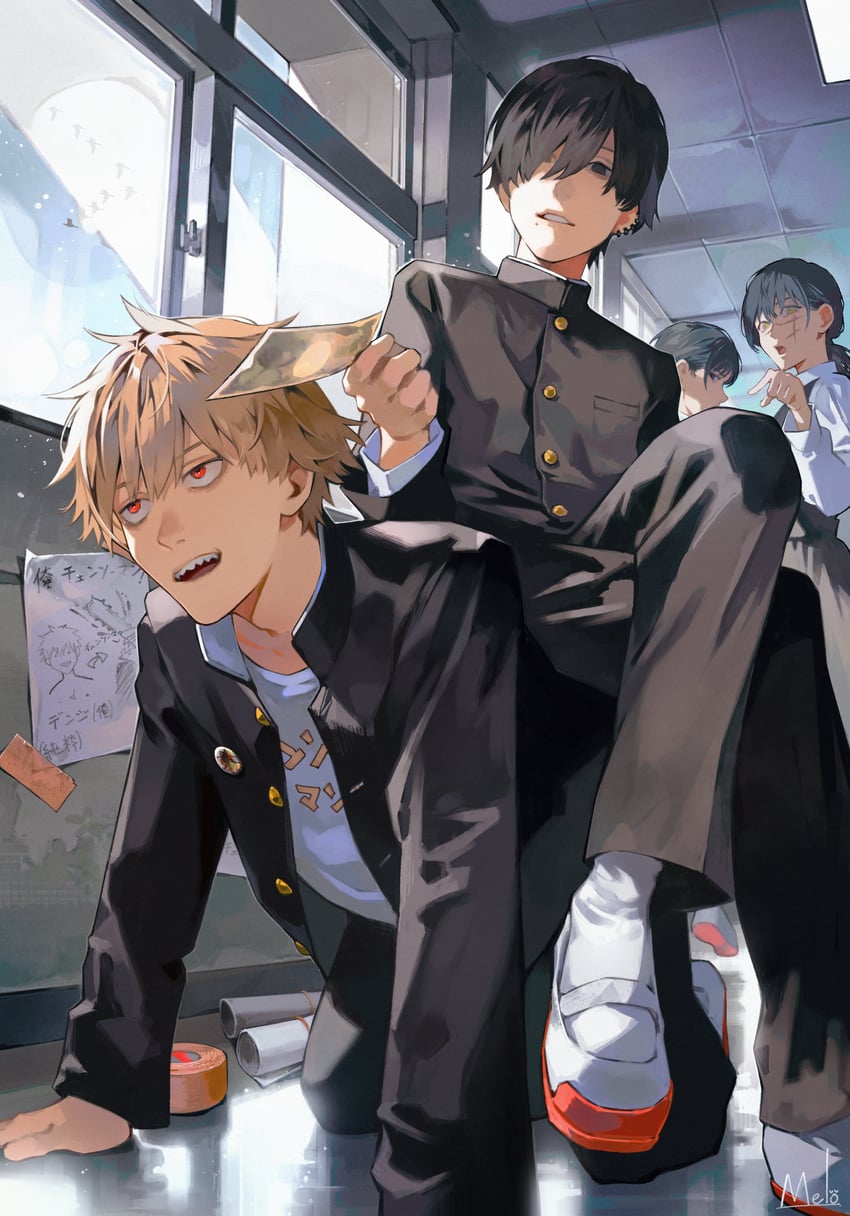 denji, yoru, mitaka asa, and yoshida hirofumi (chainsaw man) drawn by kyuuba_melo