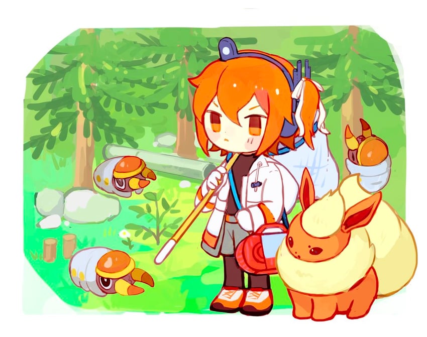 adachi rei, flareon, and grubbin (pokemon and 2 more) drawn by s1ho_(ukiy0u0)