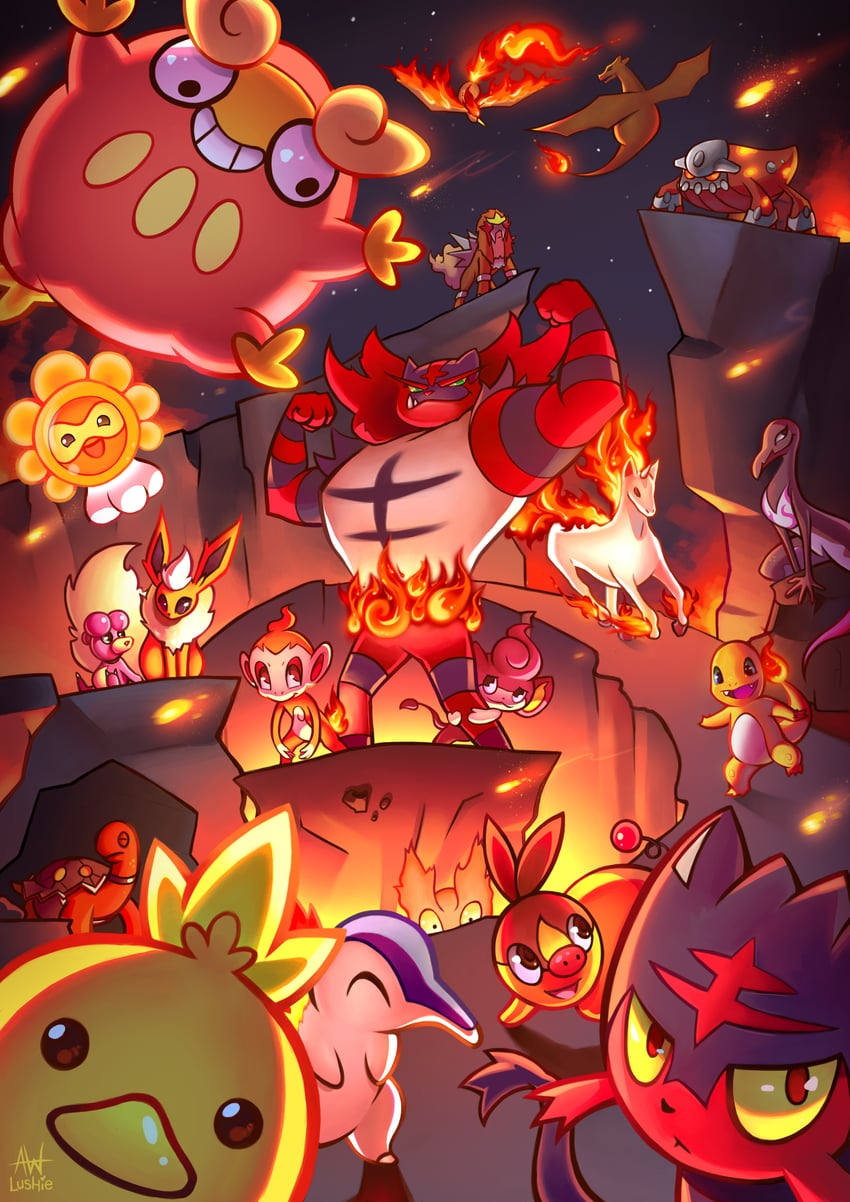 charizard, cyndaquil, charmander, flareon, torchic, and 13 more (pokemon) drawn by lushiesart
