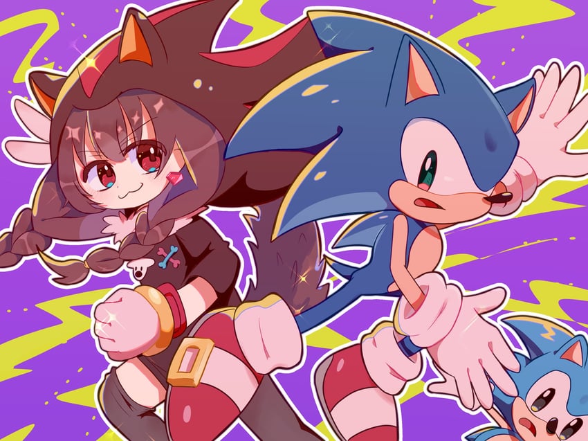 inugami korone, sonic the hedgehog, shadow the hedgehog, and classic sonic (hololive and 4 more) drawn by machimo129