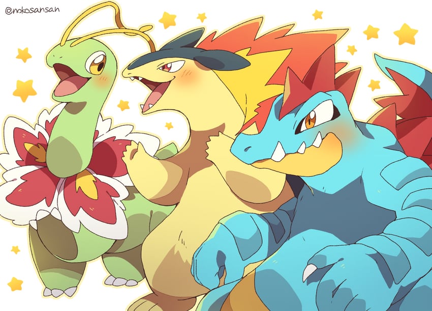 typhlosion, feraligatr, and meganium (pokemon) drawn by roku_(rokkrn)