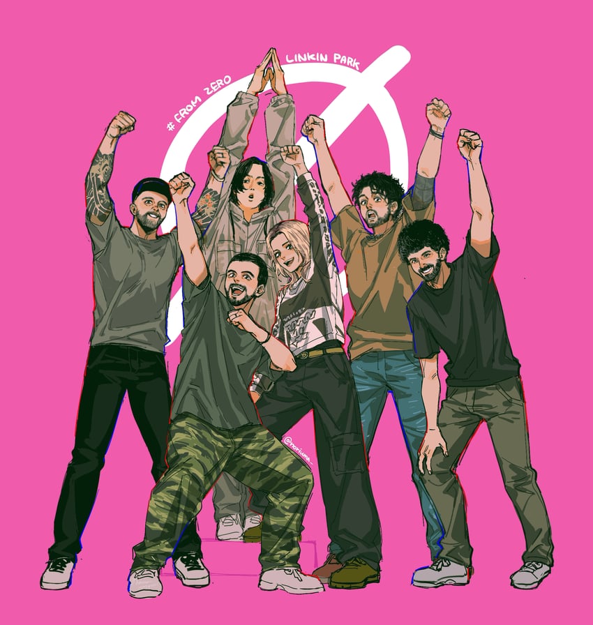 emily armstrong, michael kenji shinoda, joseph hahn, bradford phillip delson, david michael farrell, and 1 more (linkin park) drawn by noriuma