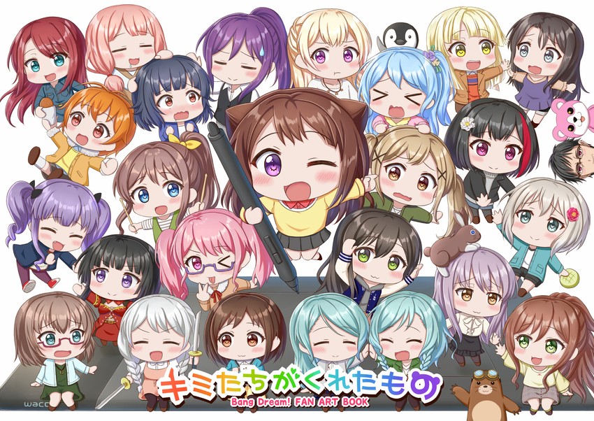 hikawa sayo, hikawa hina, mitake ran, tsurumaki kokoro, aoba moca, and 23 more (bang dream! and 1 more) drawn by lilium443