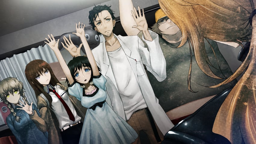 makise kurisu, okabe rintarou, shiina mayuri, amane suzuha, hashida itaru, and 1 more (steins;gate) drawn by huke
