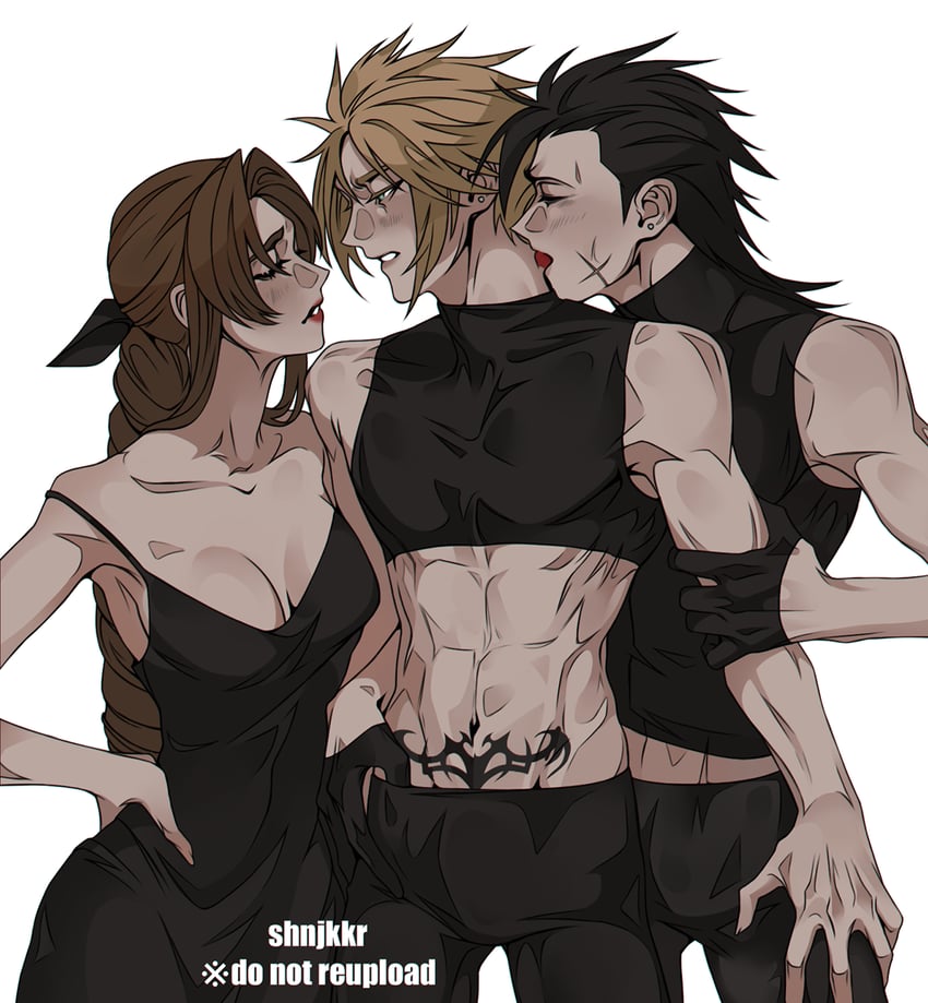 cloud strife, aerith gainsborough, and zack fair (final fantasy and 2 more) drawn by shinjikokoro