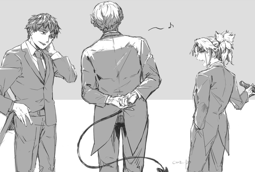 mordred, saitou hajime, and mephistopheles (fate and 2 more) drawn by aves_plumbum9