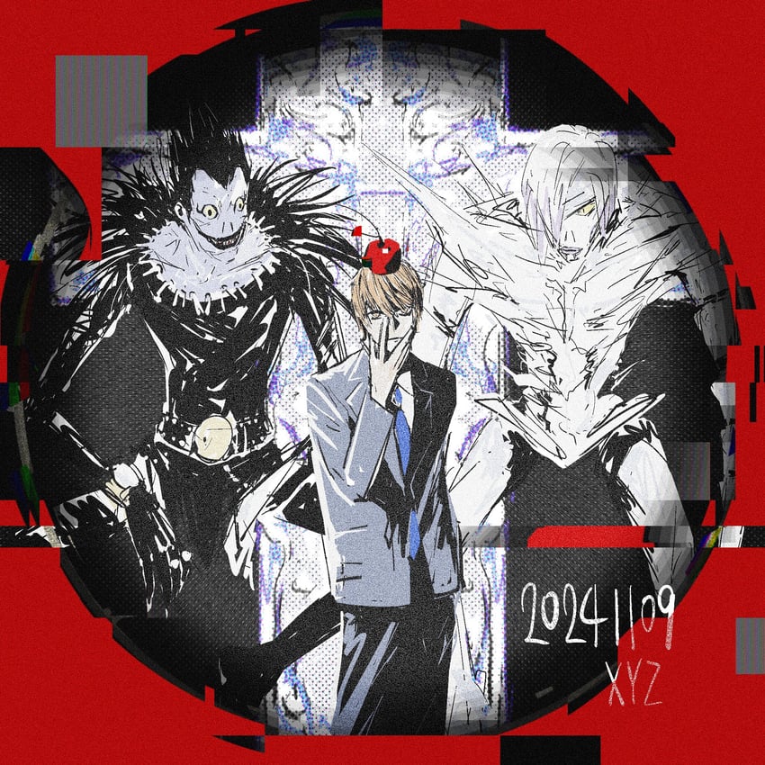 yagami light, ryuk, and rem (death note) drawn by windychariot