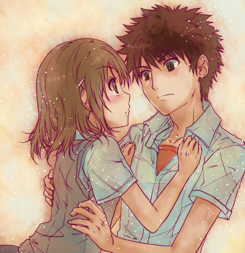 misaka mikoto and kamijou touma (toaru majutsu no index and 1 more) drawn by aibara_mitsuki
