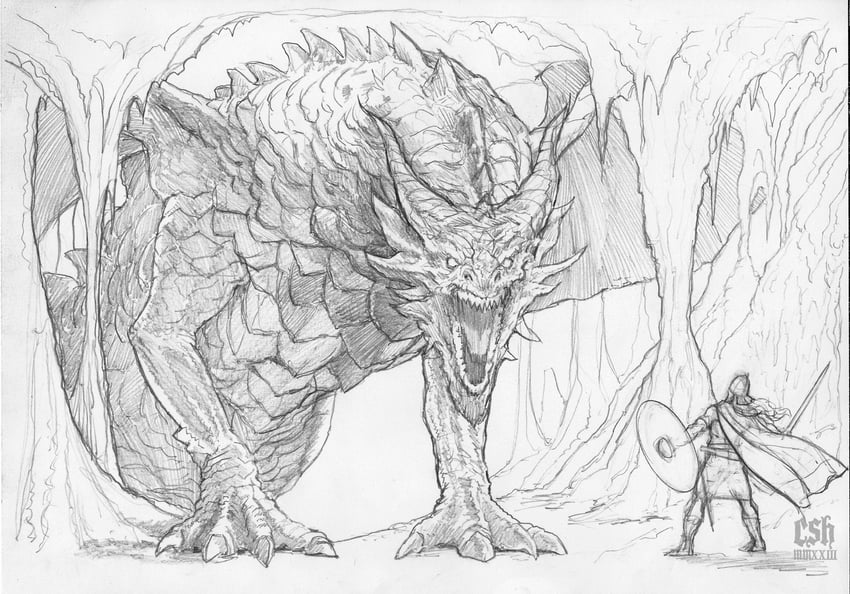 siegfried and fafnir (norse mythology) drawn by christian_sloan_hall