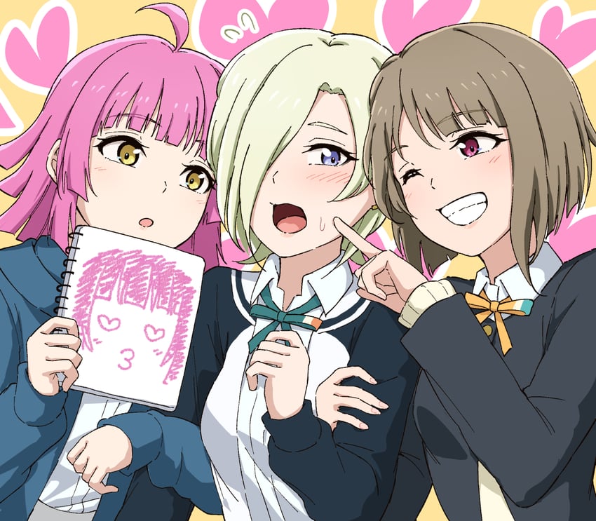 tennoji rina, nakasu kasumi, and mia taylor (love live! and 1 more) drawn by morita49c