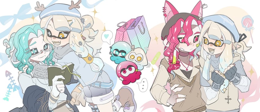 inkling player character, inkling girl, octoling player character, and octoling boy (splatoon) drawn by kiwi_splatoon