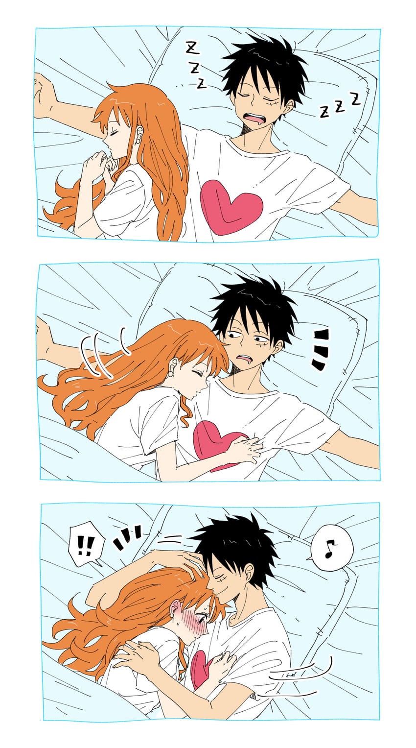 nami and monkey d. luffy (one piece) drawn by oshicpume