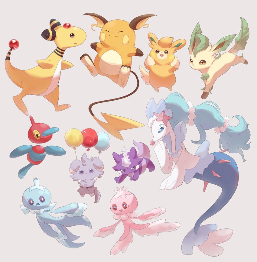 leafeon, raichu, primarina, ampharos, espurr, and 4 more (pokemon) drawn by suimin_ap_(aroniumu)