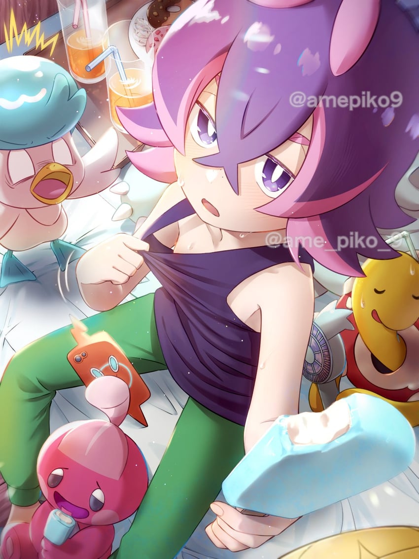 rotom, rotom phone, quaxly, dot, shuckle, and 1 more (pokemon and 1 more) drawn by amedamaneko