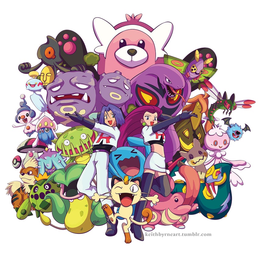 mimikyu, jessie, james, meowth, arbok, and 20 more (pokemon) drawn by keith_byrne
