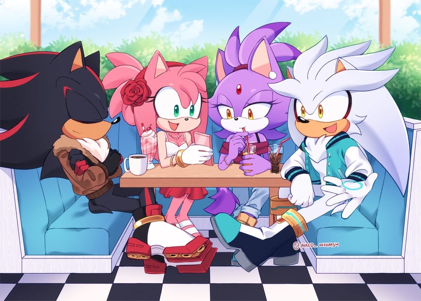shadow the hedgehog, amy rose, blaze the cat, and silver the hedgehog (sonic) drawn by inked_whimsy