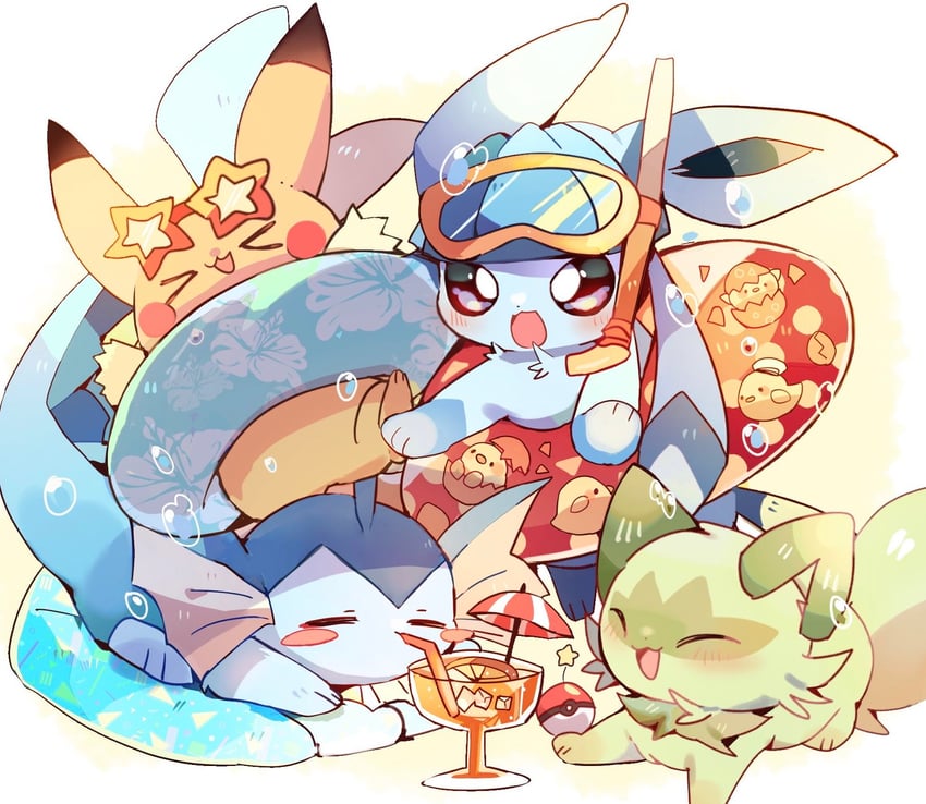 pikachu, glaceon, vaporeon, and sprigatito (pokemon) drawn by yupo_0322