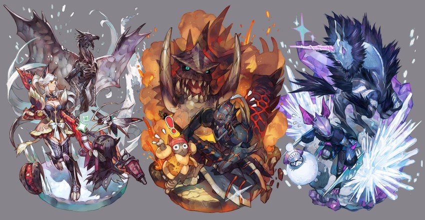 monster hunter, felyne, kirin, melynx, kushala daora, and 1 more (monster hunter and 2 more) drawn by nishihara_isao