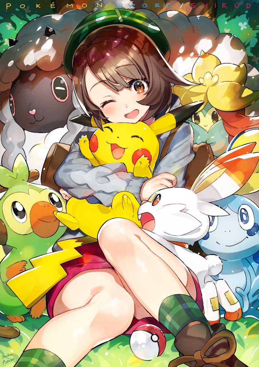 pikachu, gloria, scorbunny, sobble, grookey, and 2 more (pokemon and 1 more) drawn by mika_pikazo