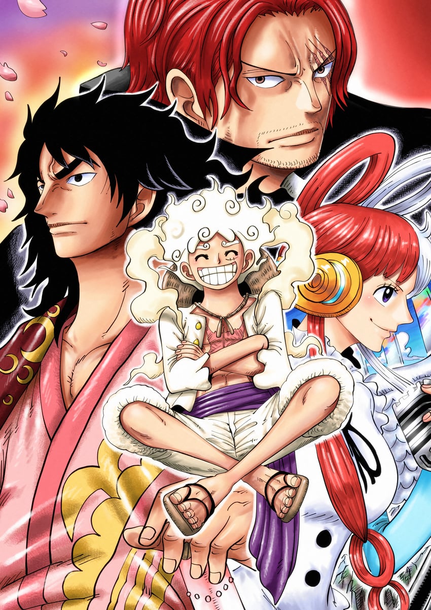 monkey d. luffy, uta, shanks, and kouzuki momonosuke (one piece and 1 more) drawn by riku_(rikuw223xx)