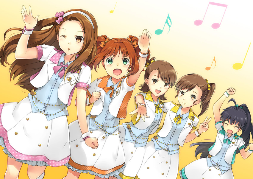 minase iori, ganaha hibiki, takatsuki yayoi, futami mami, and futami ami (idolmaster and 1 more) drawn by unya_(unya-unya)