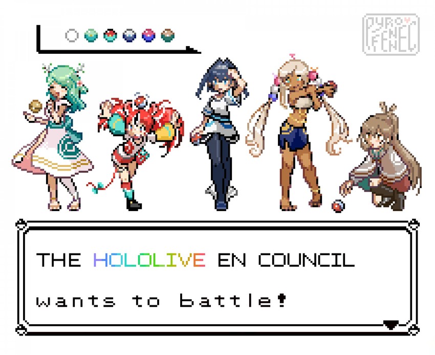 ouro kronii, nanashi mumei, hakos baelz, ceres fauna, and tsukumo sana (pokemon and 2 more) drawn by aki_lin