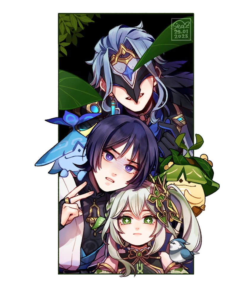 scaramouche, nahida, wanderer, aranara, dottore, and 1 more (genshin impact) drawn by sea_(azure_pastel)