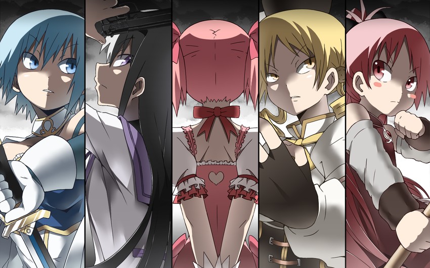 akemi homura, kaname madoka, miki sayaka, sakura kyoko, and tomoe mami (mahou shoujo madoka magica) drawn by gogiga_gagagigo