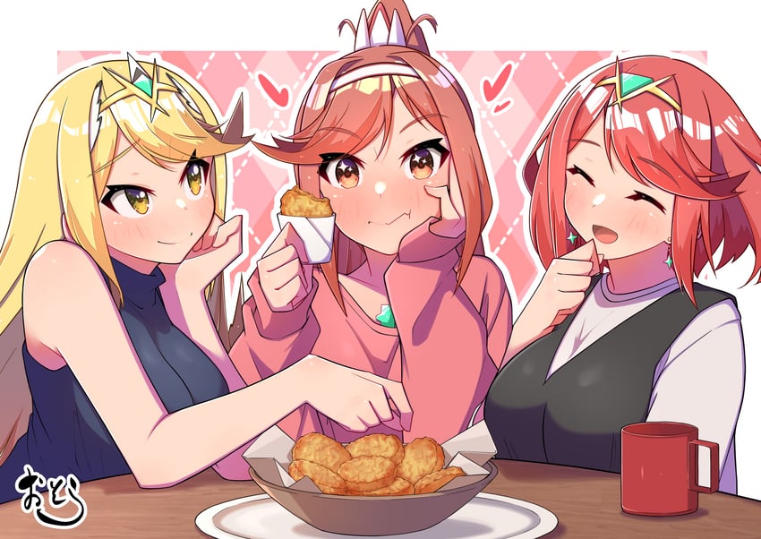 pyra, mythra, and glimmer (xenoblade chronicles and 3 more) drawn by osora_(judithandlilith)