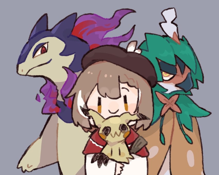 nanashi mumei, mimikyu, decidueye, and hisuian typhlosion (pokemon and 2 more) drawn by roro860512