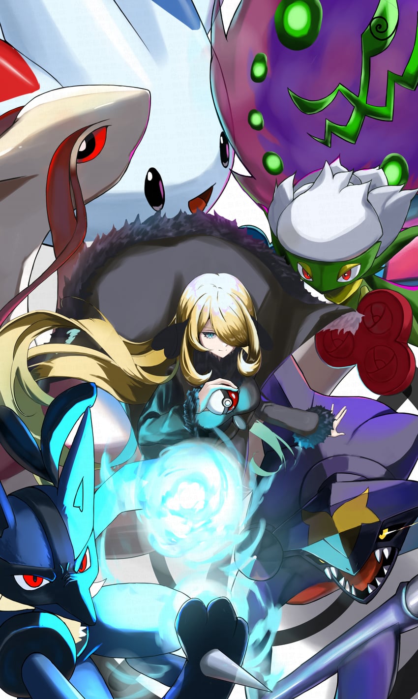 cynthia, lucario, garchomp, milotic, togekiss, and 2 more (pokemon and 1 more) drawn by 02pikapika