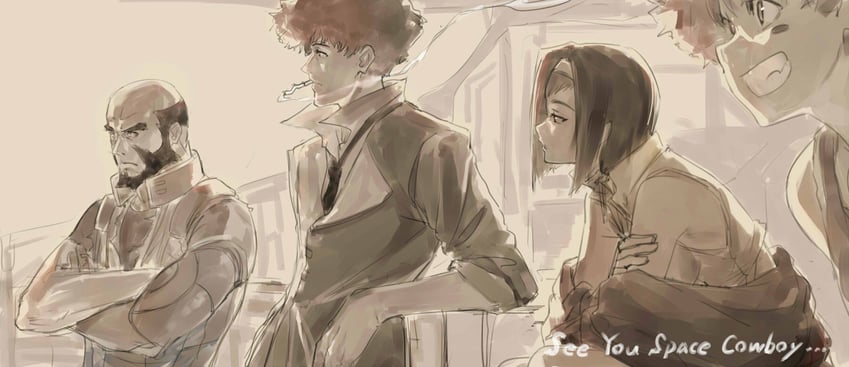 faye valentine, spike spiegel, edward wong hau pepelu tivrusky iv, and jet black (cowboy bebop) drawn by isshiki_(ffmania7)